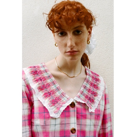 TACH Plaid Lace Trim Embroidered Smocked Peter Pan Collar Ruffle Cuff Top XS - Picture 14 of 16